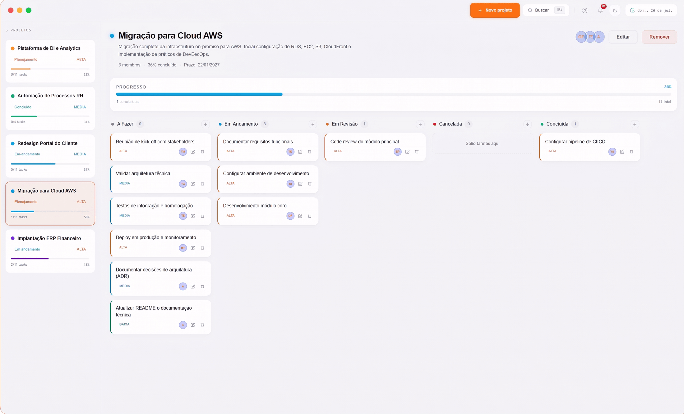 Orkiestri Projects — quadro kanban de um projeto com progresso, tarefas e responsáveis